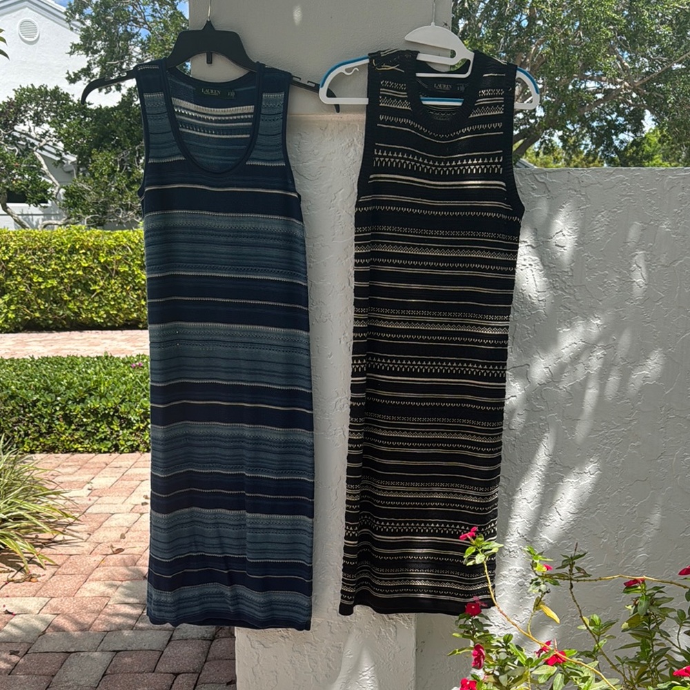 Ralph Lauren Blue  & Black Sheath Midi Dress Sleeveless Scoop Neck